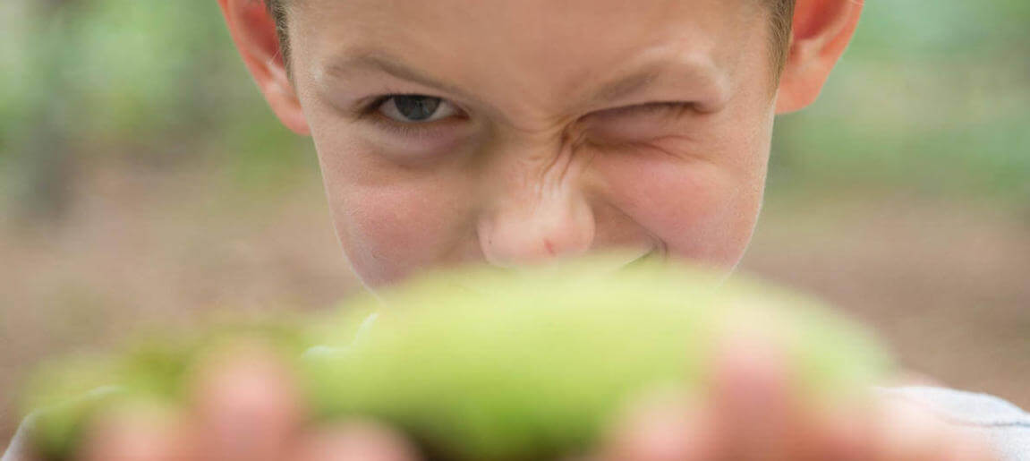 Junge blickt mit einem zugekniffenen Auge auf ein Blatt