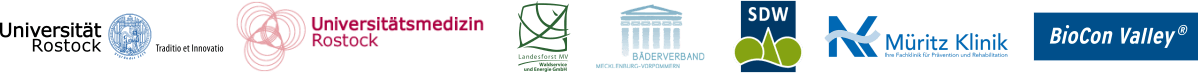 Logos Universität Rostock, Universitätsmedizin Rostock, Bäderverband Mecklenburg-Vorpommern, Landesforst MV Waldservice und Energie GmbH, SDW, Müritz Klinik, BioCon Valley, Dr. Ebel Moorbad Bad Doberan